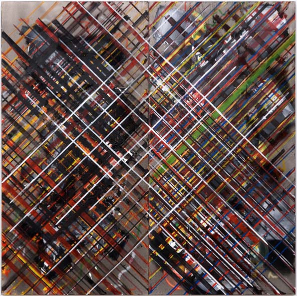 Ed Moses. 1 + 2 (diptych), 2017, acrylic on canvas, 96 x 96 inches. Courtesy of Brian Gross Fine Art