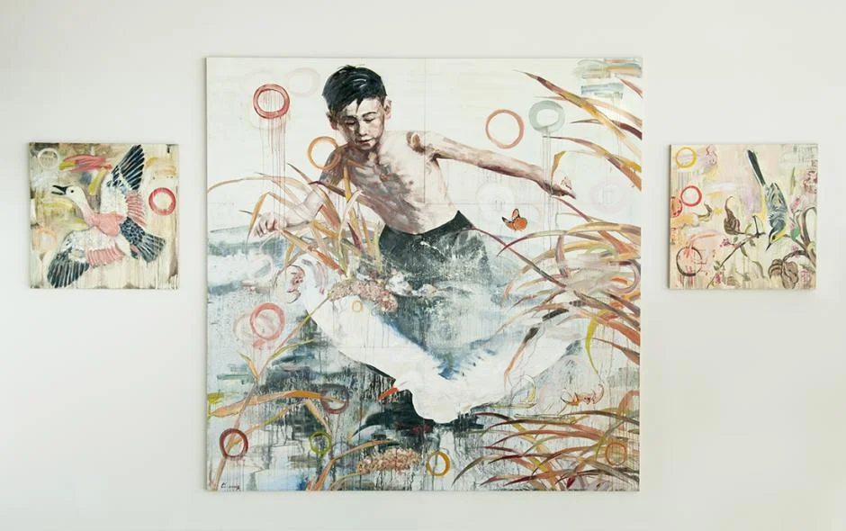 Hung Liu (Chinese, b.1948). Take Off, 2006 2006. Permanent ink and oil paint on wood, 204 in. x 336 in. SFAC 111