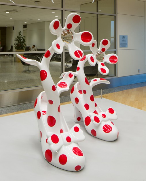 Yayoi Kusama (Japanese, b.1929). High Heels for Going to Heaven, 2014. Fiberglass-reinforced plastic, stainless steel, Left shoe: 61 x 29 1/2 x 37 3/8 in.; Right shoe: 49 5/8 x 27 1/2 x 37 7/8 in., SFAC 125