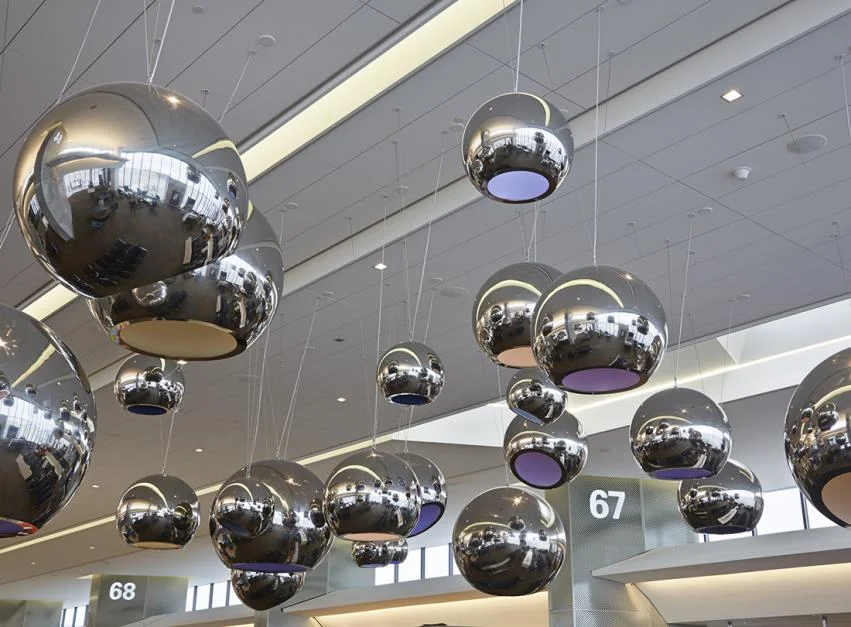 Merge Conceptual Design. Sky, 2014 (a collaborative installation by Franka Diehnelt and Claudia Reisenberger). Stainless steel, LED lighting, paint. Approximately 35 x 40 ft., (dimensions variable) consisting of 27 spheres, various diameters, 4 ft. …