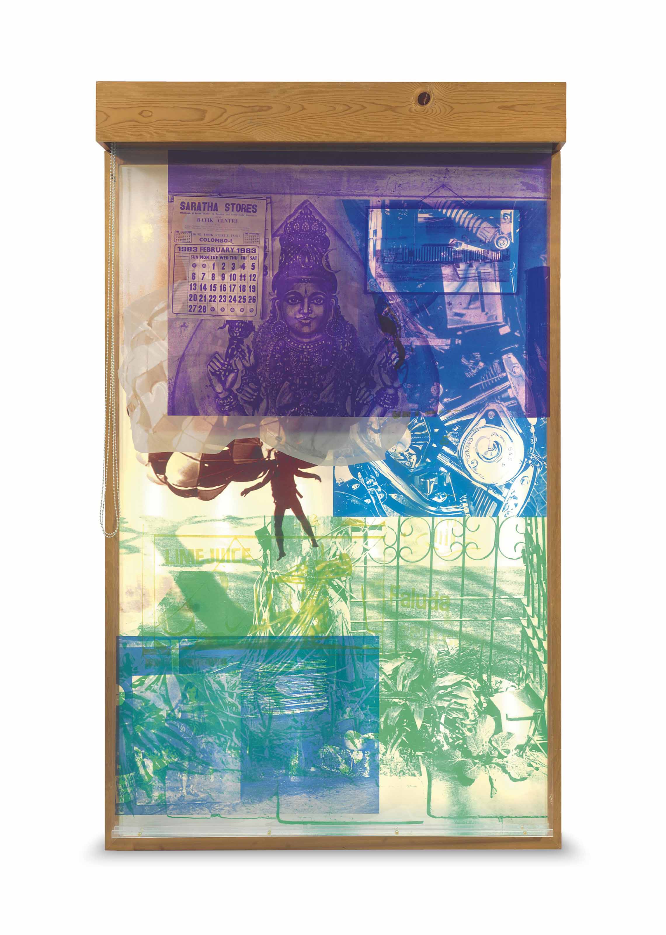 Robert Rauschenberg (1925-2008). Sling-Shots Lit #3, 1985. Lithograph and screenprint on paper and assemblage with sailcloth, Mylar, wooden lightbox, fluorescent light fixture, aluminum moveable window shade system and Plexiglas bars. 84 1/2 x 50 1/…
