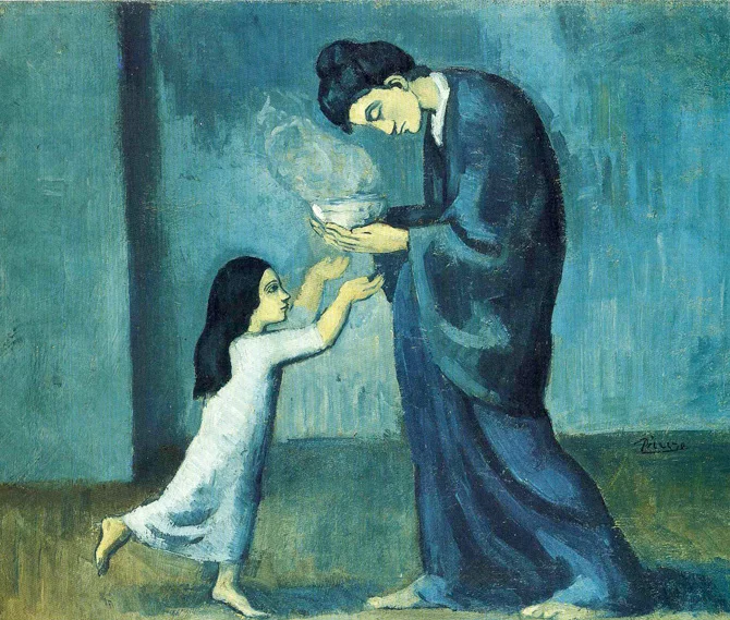Pablo Picasso, 1902-03, La Soupe . Image via Wikimedia Commons .