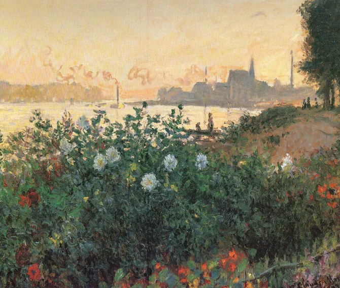 Claude Monet, Flowered Riverbank, Argenteuil, 1877 . Image via Wikimedia Commons .