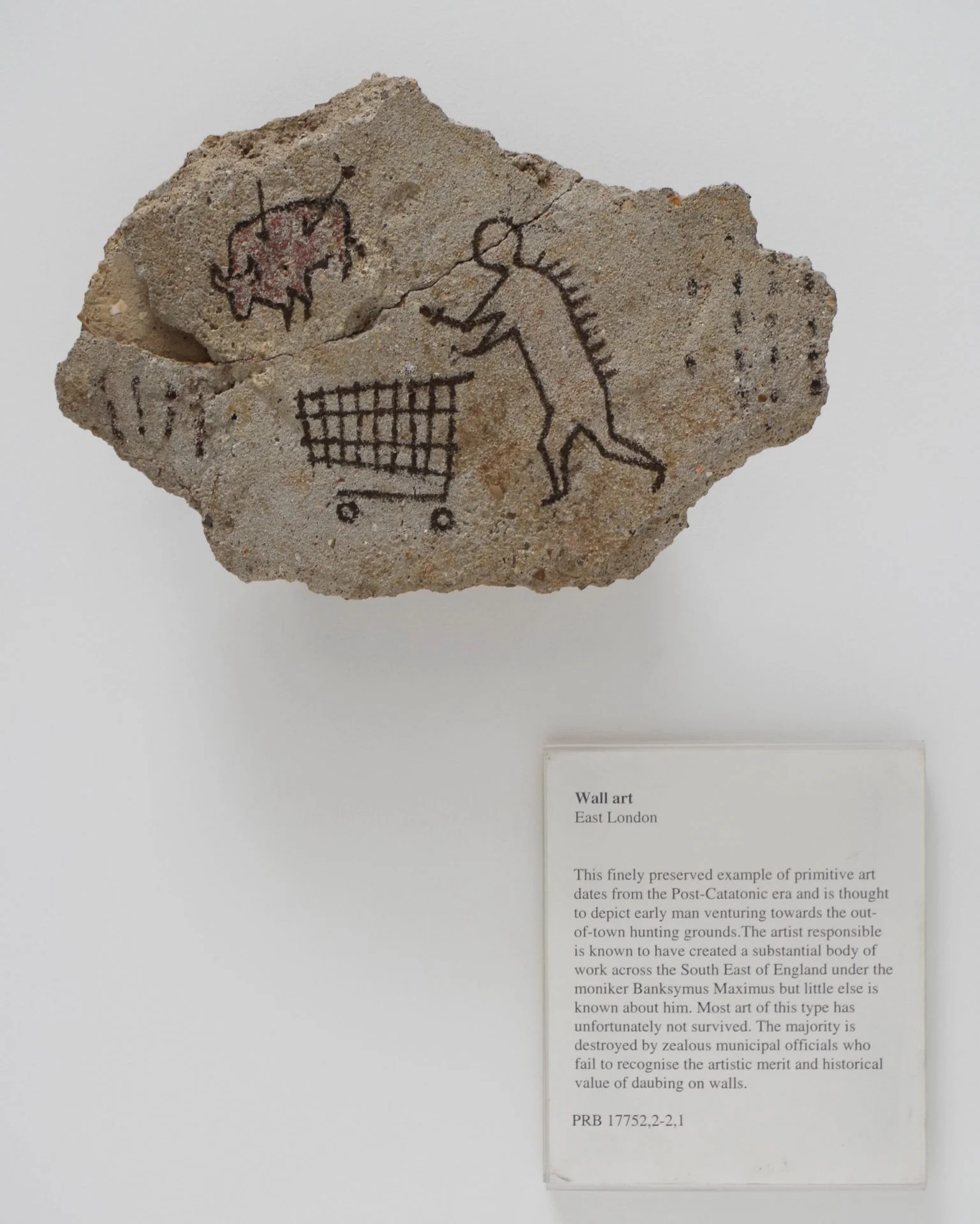 Banksy, Peckham Rock (2005). The piece was secretly installed at the British Museum in 2005 and went undetected for days. Photo courtesy of Banksy and Pest Control.