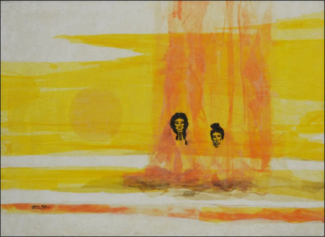 Joan Hill (Muskogee Nation, USA). "Morning in the Indian Village" 1975. Dimensions: 30 3/4 x 40 3/4 in. Paint, polymer, and sand on canvas.