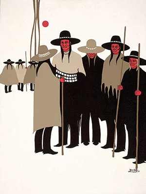 Joan Hill. “War and Rumors of Wars,” 1973, acrylic on canvas, of the J. W. Wiggins Contemporary Native American Art Collection, University of Arkansas at Little Rock. All images of artwork courtesy of Dr. J. W. Wiggins.