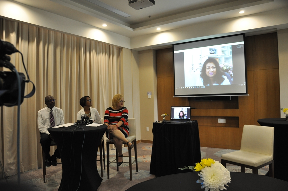 Mrs. Supriya Singh -Bodden joining the Press Conference via Skype from the Grand Cayman