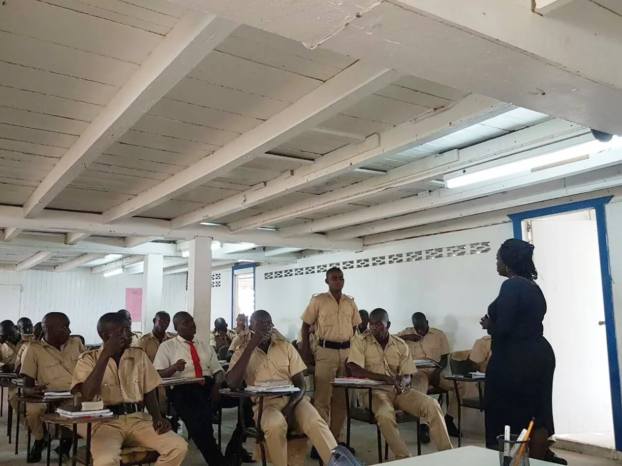Manager of the Sunrise Center, Ms. Miriam Hinds conducting a workshop session with new police recruits in Essequibo, Region No. 2 