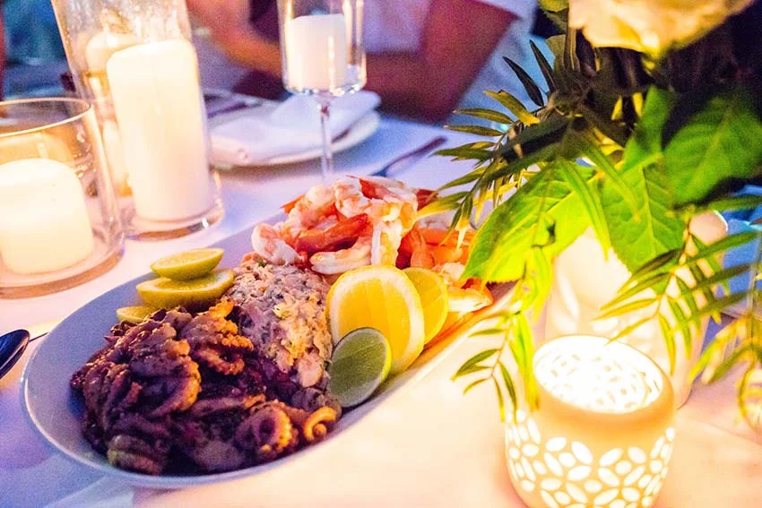 Stunning platters of marinated octopus, fresh peeled prawns and delicious smoked salmon.