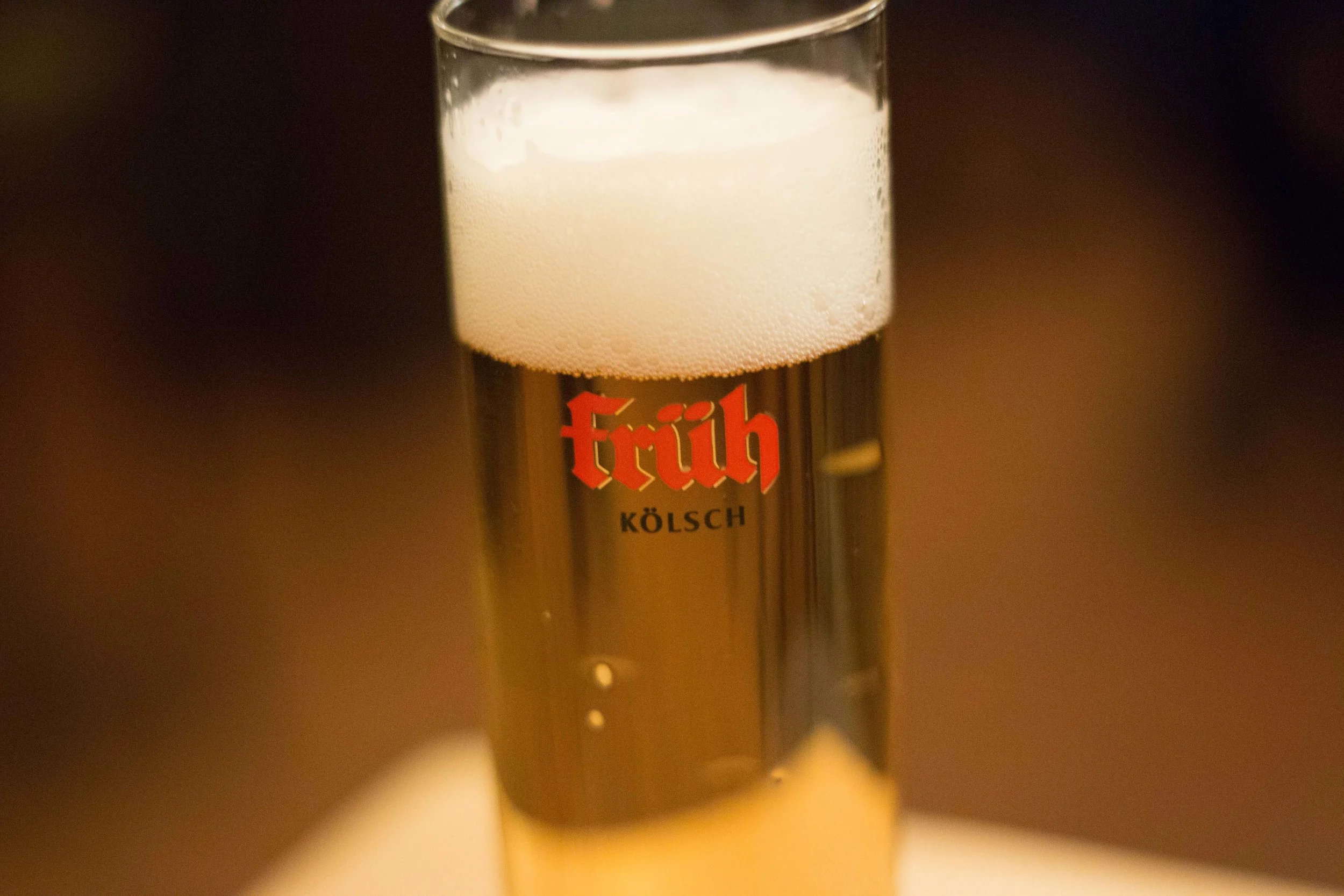 A Kölsch from Früh brewery. This beer is always, always, served in a tall, cylindrical glass. Usually in 0.2L increments, but sometimes in 0.4L.