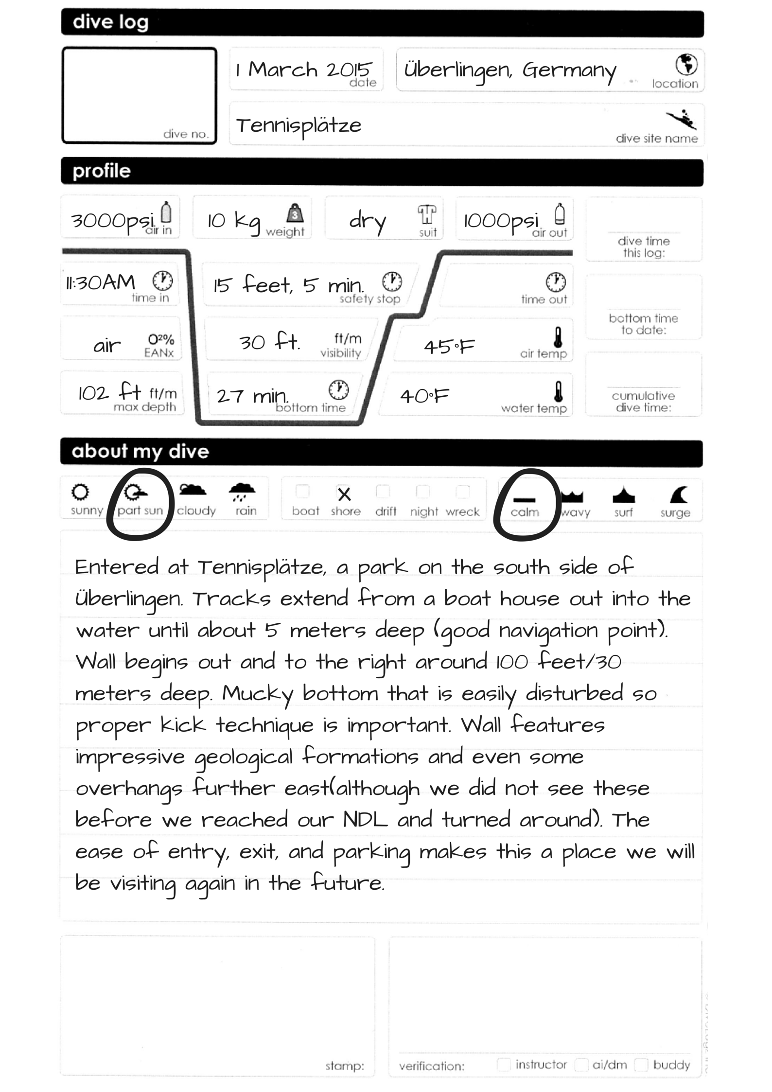 Log Book Page for the dive site