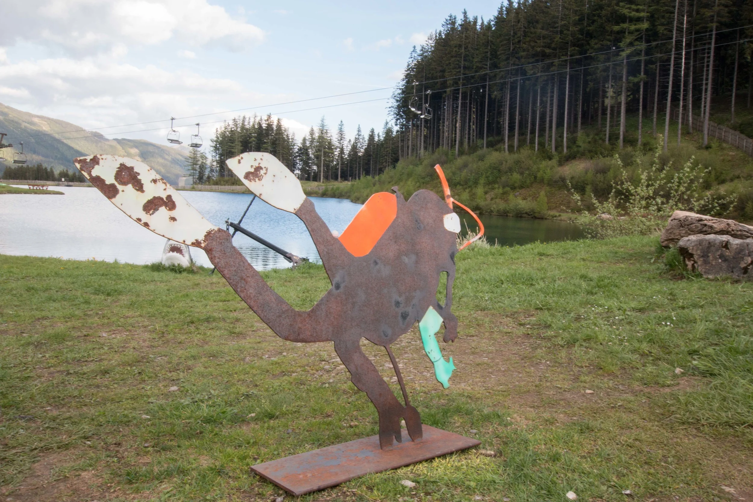 Diver sculpture at the entrance to the lake. I think I want one of these in our next garden