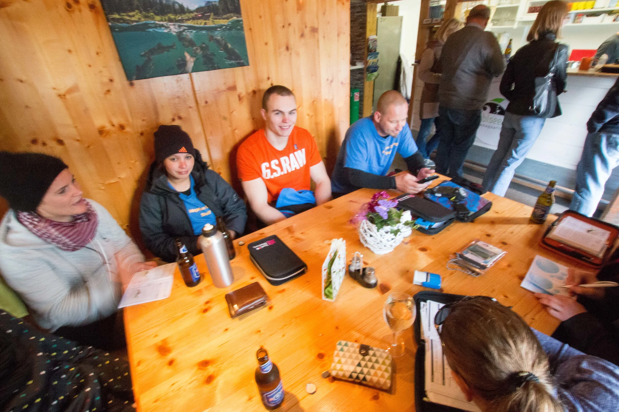 Filling out log books and enjoying a beer after divin.