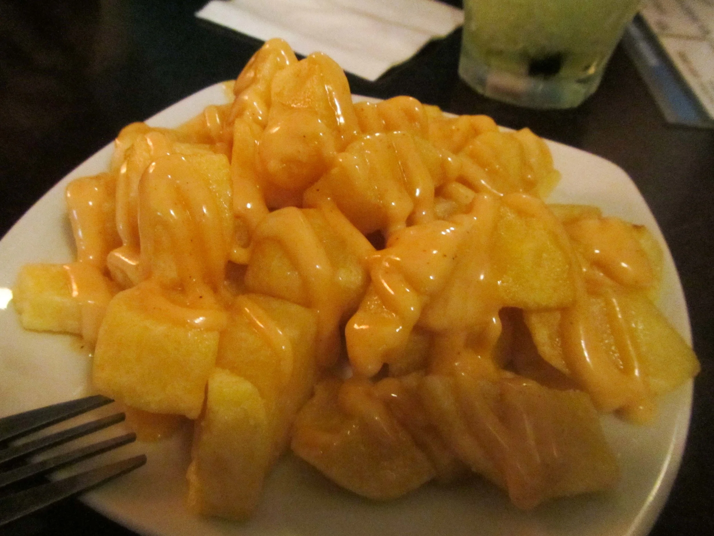 Patatas Bravas. A typical Catalan dish - fried potatoes chunks served with Bravas sauce, a spicy tomato sauce