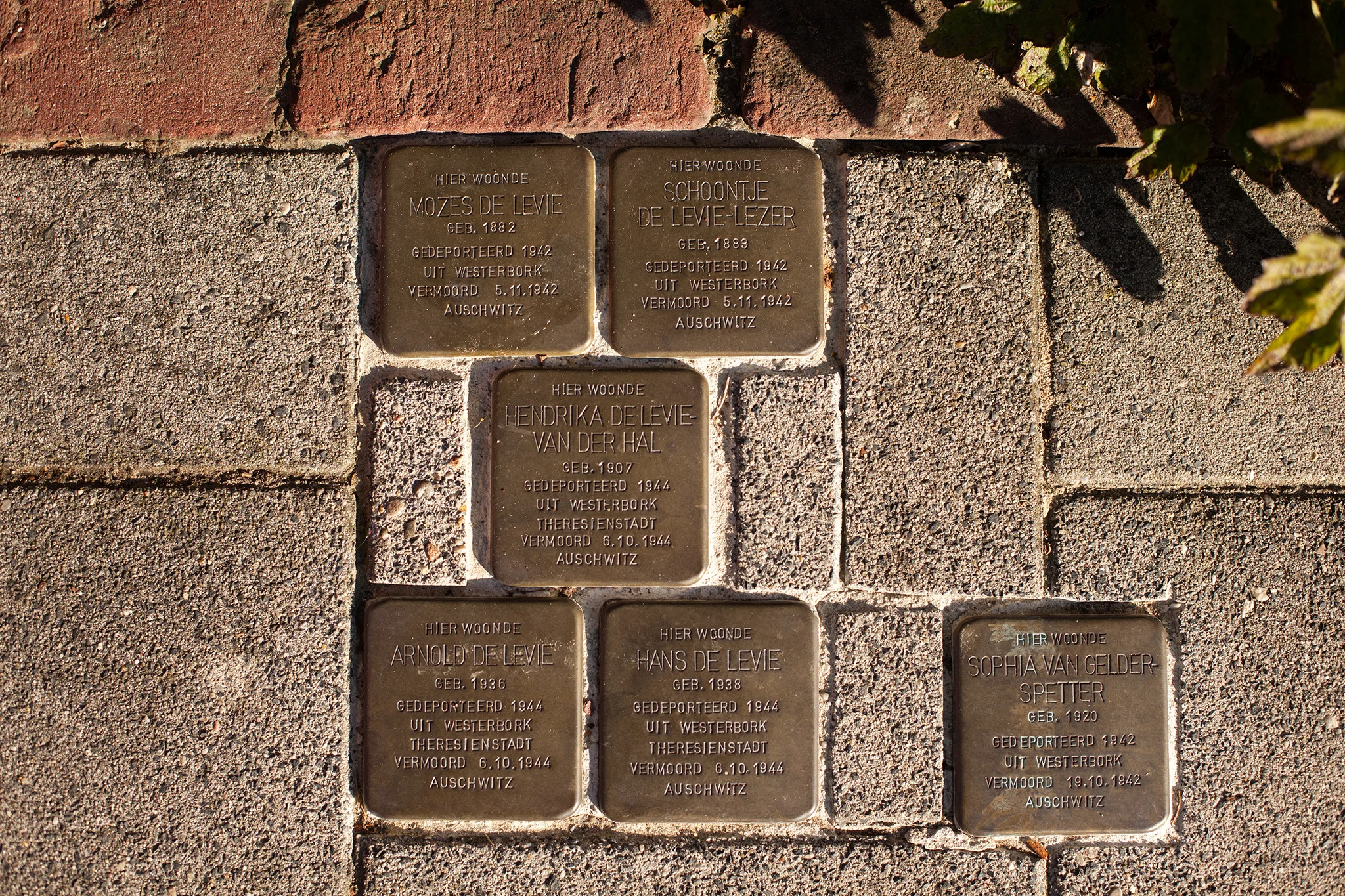 These show two parents deport to Westerbork in 1942, their three children were deported two years later in 1944. All were sent to Auschwitz where they were murdered. The Right stolperstein is for a 22 year old woman deported in 1942, first to Westerbork and then Auschwitz, where she as murdered. IMAGE COURTESY OF SARAH HUGGARD PHOTOGRAPHY