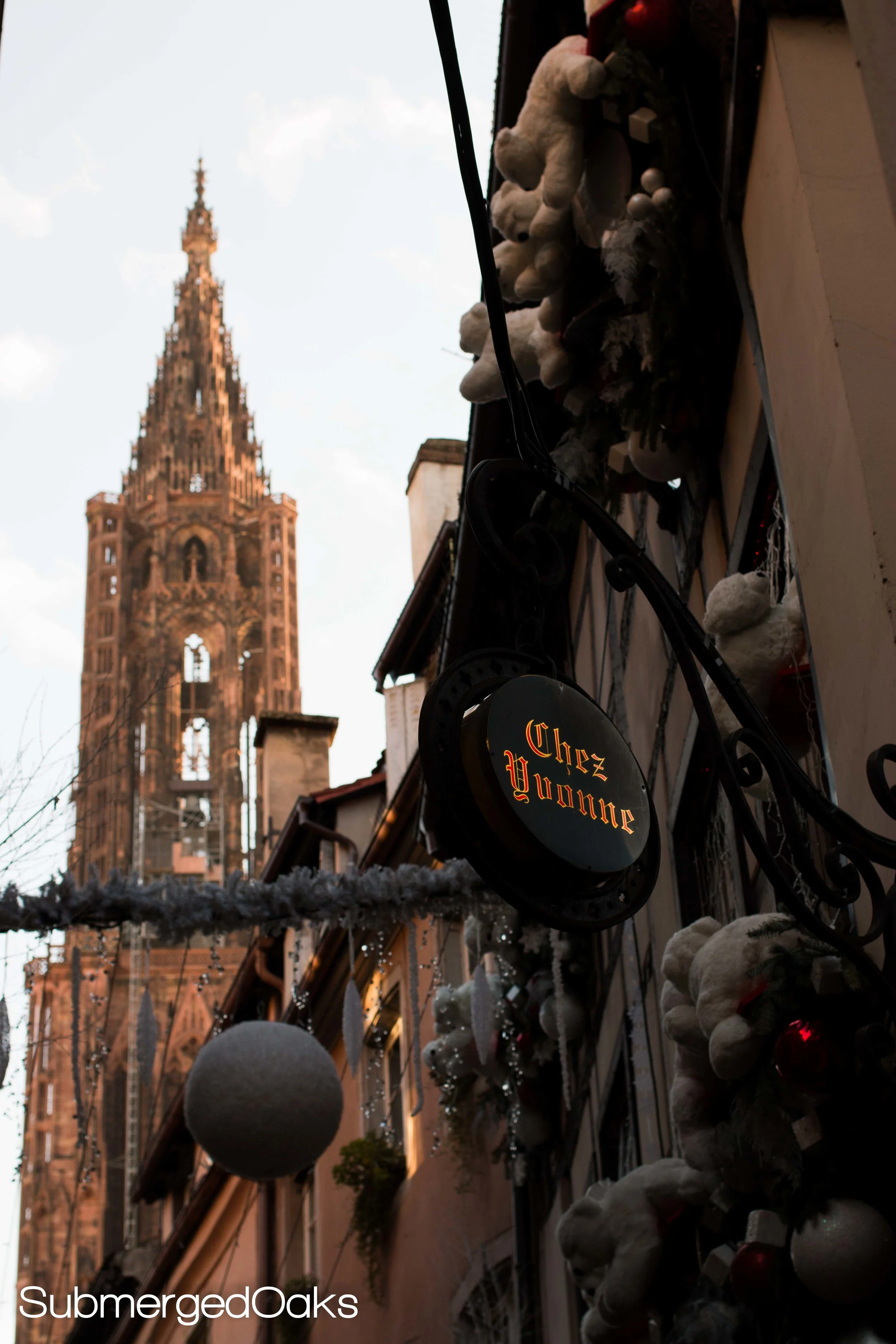 restaurant with Notre Dame of Strasbourg in the background