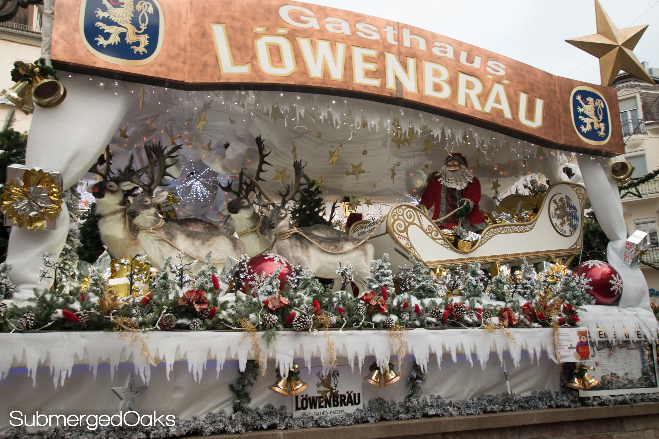 elaborate santa and sleigh set up outside the Löwenbräu restaurant in Baden Baden