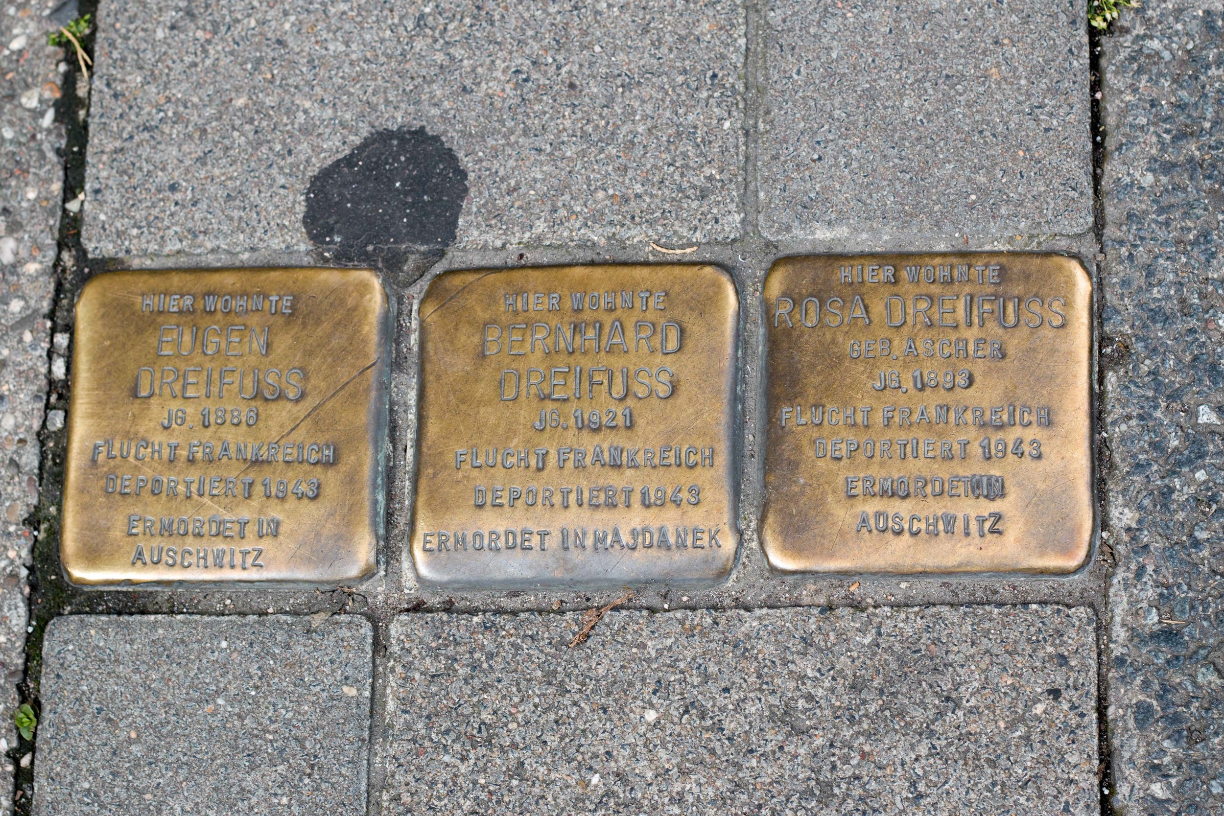 Mannheim. A couple and their son fled first to France before being deported. Eugen and Rosa were deported and murdered in 1943 at Auschwitz. Their son was deported and murdered in 1943 at Hajdanek.