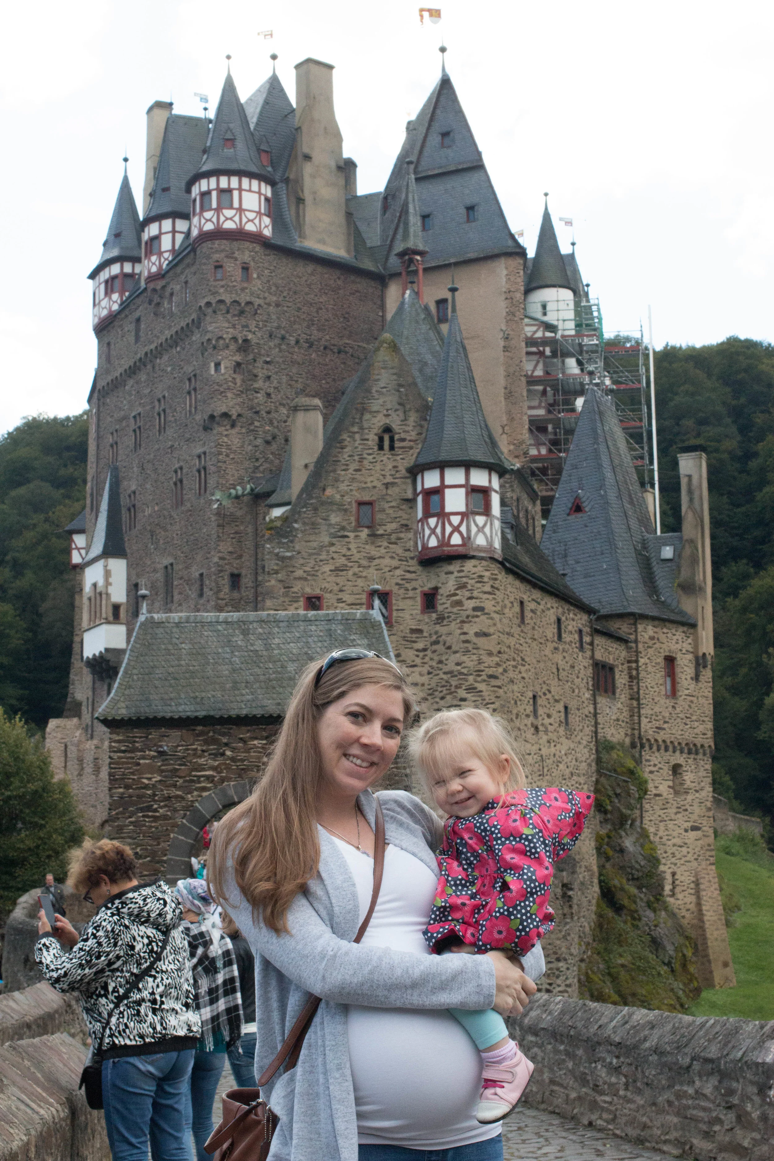 Evelyn and I viiting Burg Eltz. Look how little she was and how long my hair was!