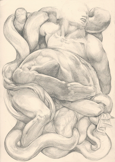 ‘Apollo and the Snake’ takes its inspiration from three iconic pieces of sculpture linked through time; Michelangelo's Dying and Bound slaves, and Laocoon and Sons, the sculpture infamously excavated before the eyes of the young Michelangelo in Rome at the height of the Renaissance. Three sculptures that deal with the agony of being bound, of dying, and of freedom. Forms shift and flow one into another, losing the personality, the humanity of the bodies, to be replaced by the iconography of the Snake. Metamorphosis as a series, as well deals with both the physical act of Metamorphosis that takes place in all art-making, as well as the ever shifting iconograhpies of human culture. The presence of a snake has connoted an act of evil for two thousand years thanks to the intervention of Christian traditions, yet snake goddess cults that pre-date christianity have been found across the world from the Minoan civilization to the Persian Middle east and Ancient Egypt, leading archaeologists to surmise that snakes have been central to many belief systems, both in the act of guarding sacred spaces, and in their practice of shedding their skins, symbolizing an act of rebirth.