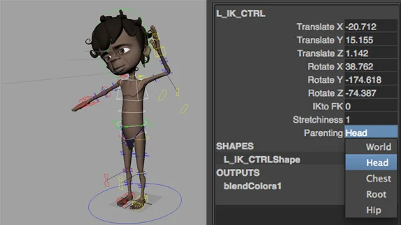 IK Limb space parenting. The IK limbs can be parented and keyed to follow the head, chest, waist and hips. This is useful if the animator wants the hand resting on the head or hips for example.