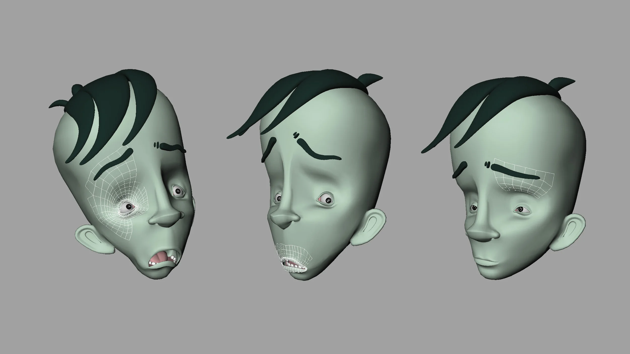 The character mesh is divided into selectable controller chunks for different areas which control the deformation of the face.