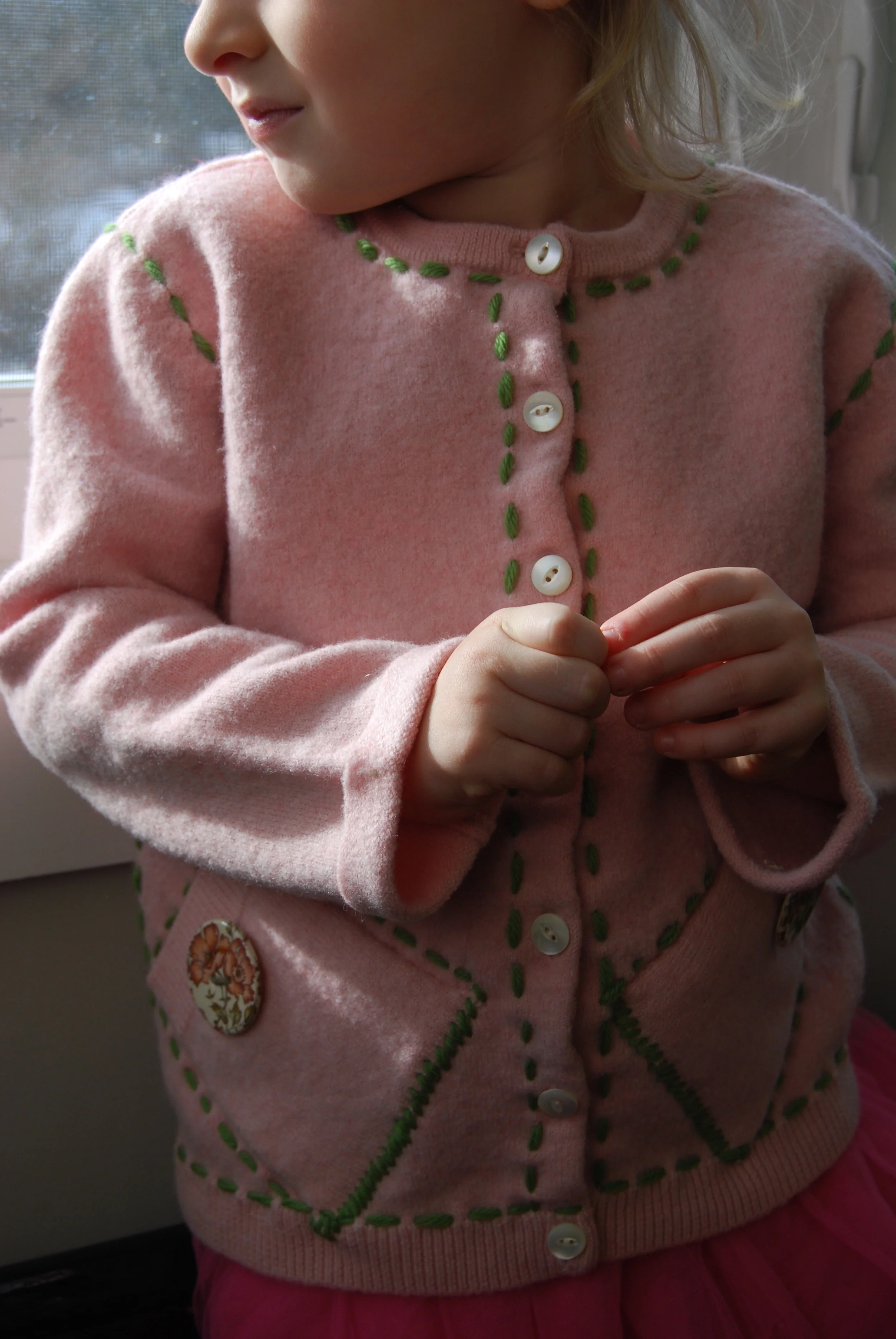 Boiled wool Pullover Cardi; Handmade Fireclay Buttons. Girls 3-5 $60