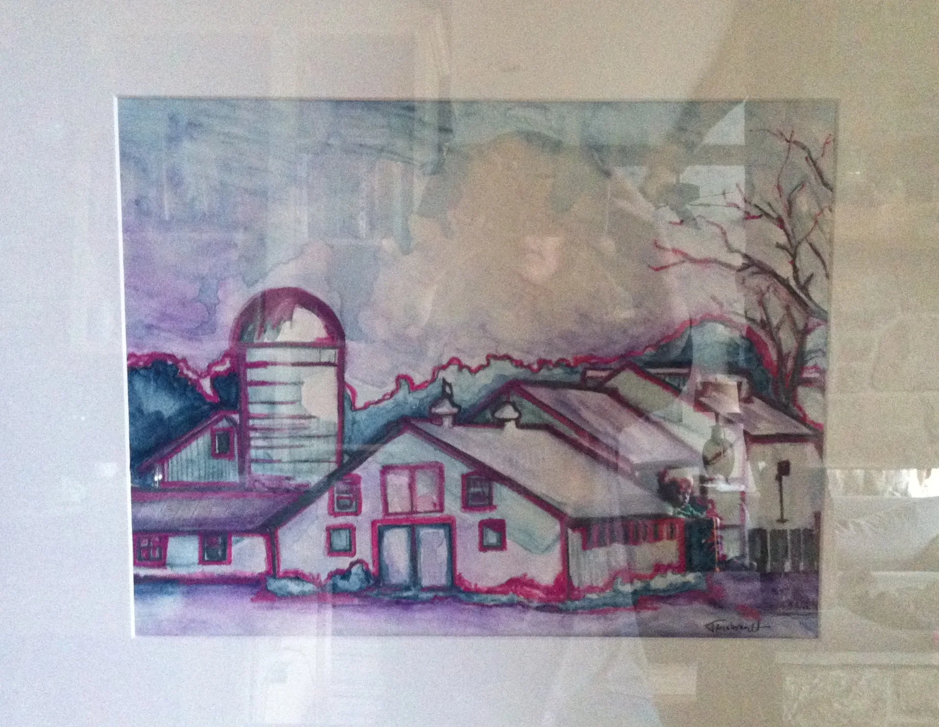 This is "Farm on Grace Road #1" done in watercolor. Sorry the photo is terrible! You can see my arms and chin in the background with my iPhone truing to snap one without a glare, but I was wholly unsuccessful.