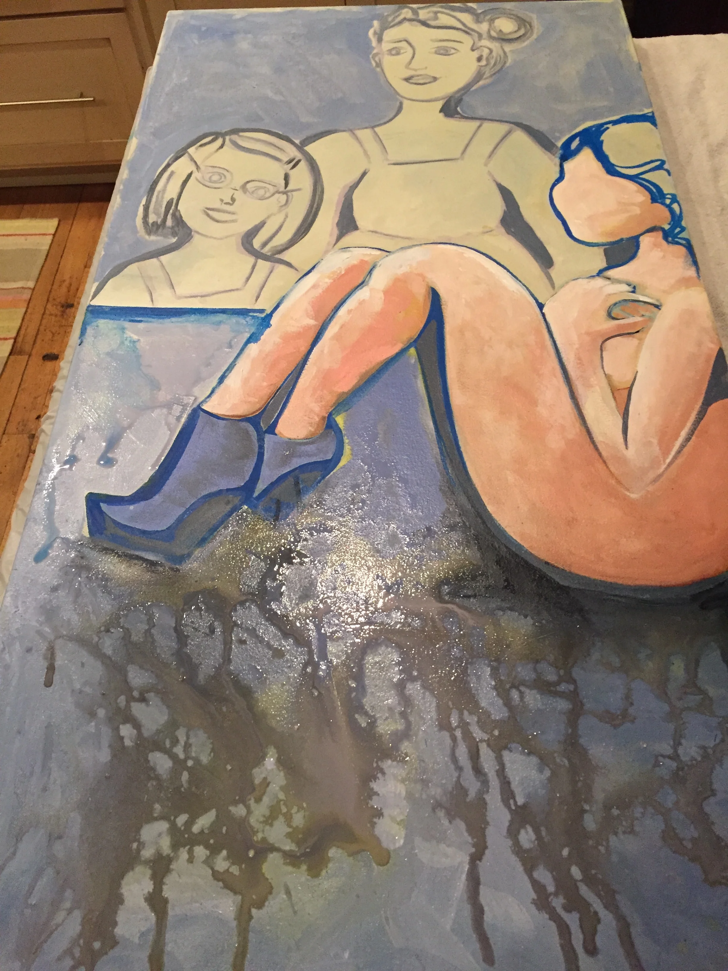 Hour 13, after adding some detail to the background characters. I'm still unsure about a face at this point. I have a look in mind, but putting a face on her may take away from my initial intent of presenting someone who doesn't know who they are. A Faceless subject conveys that better, so please wish me luck in deciding these things tomorrow.