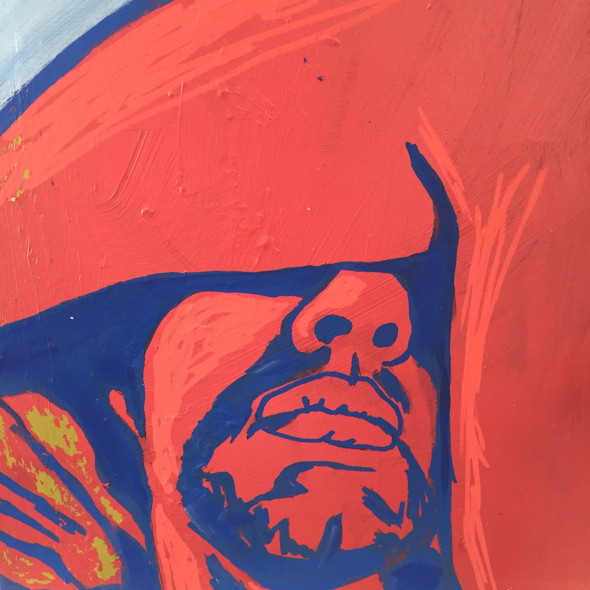 Scraping off color and adding highlights to my bearded sleeping man...