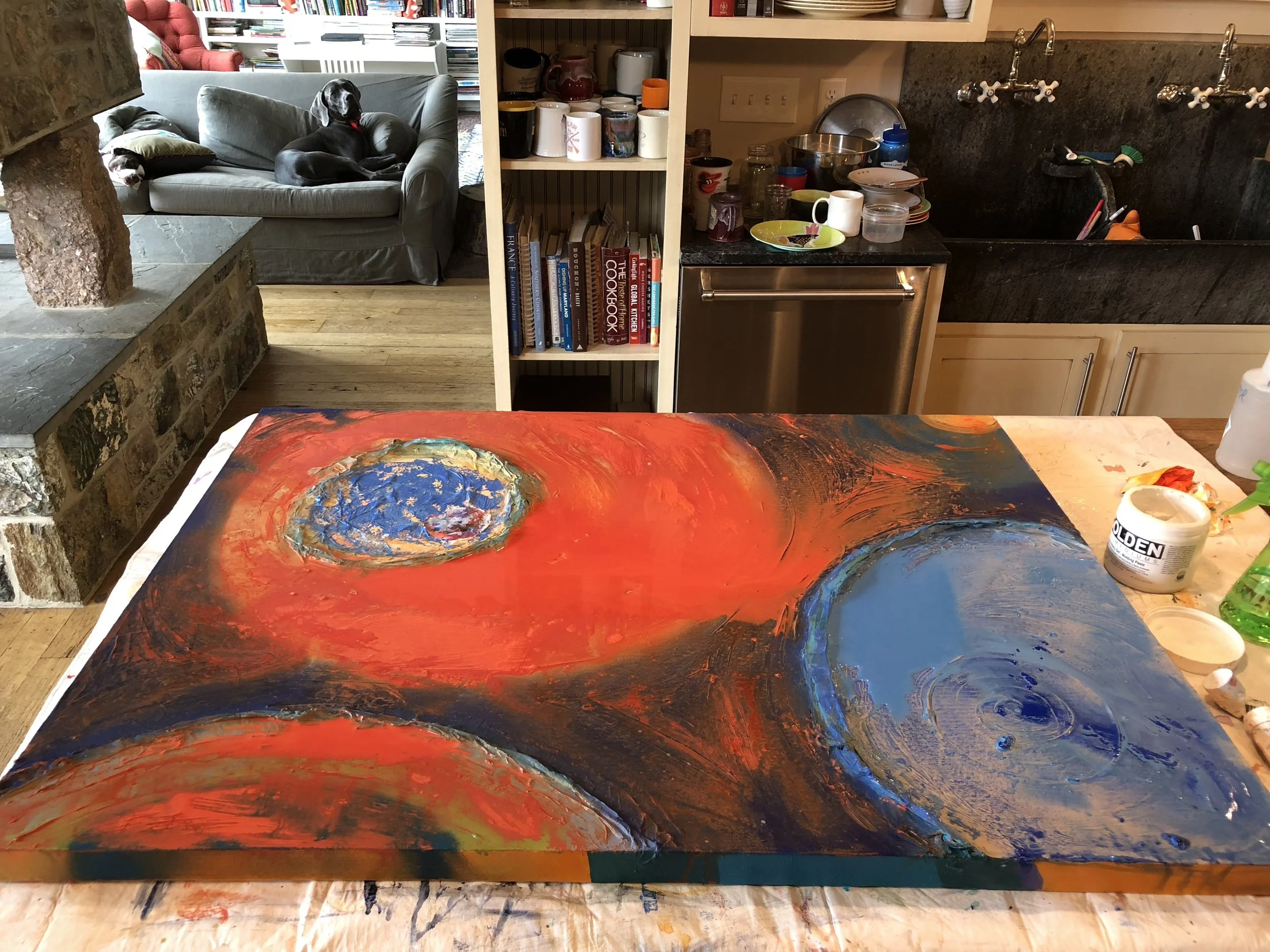 I know what you're thinking...That the best part of this photo is my gorgeous pooch on the couch in the background...and you are right. But, I think this piece will surely be worth hanging when I'm done (please excuse my dishes!).