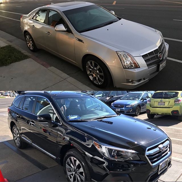 Traded in the Caddy for a much more sensible Outback.  Love the Subaru but man that CTS is pretty.  #subaruoutback #dadsnewride #familytruckster