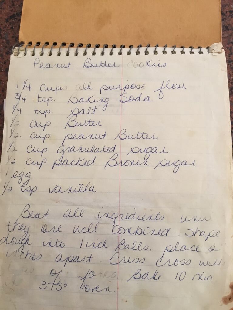 A page out of my sister's very old steno pad with our family recipes.