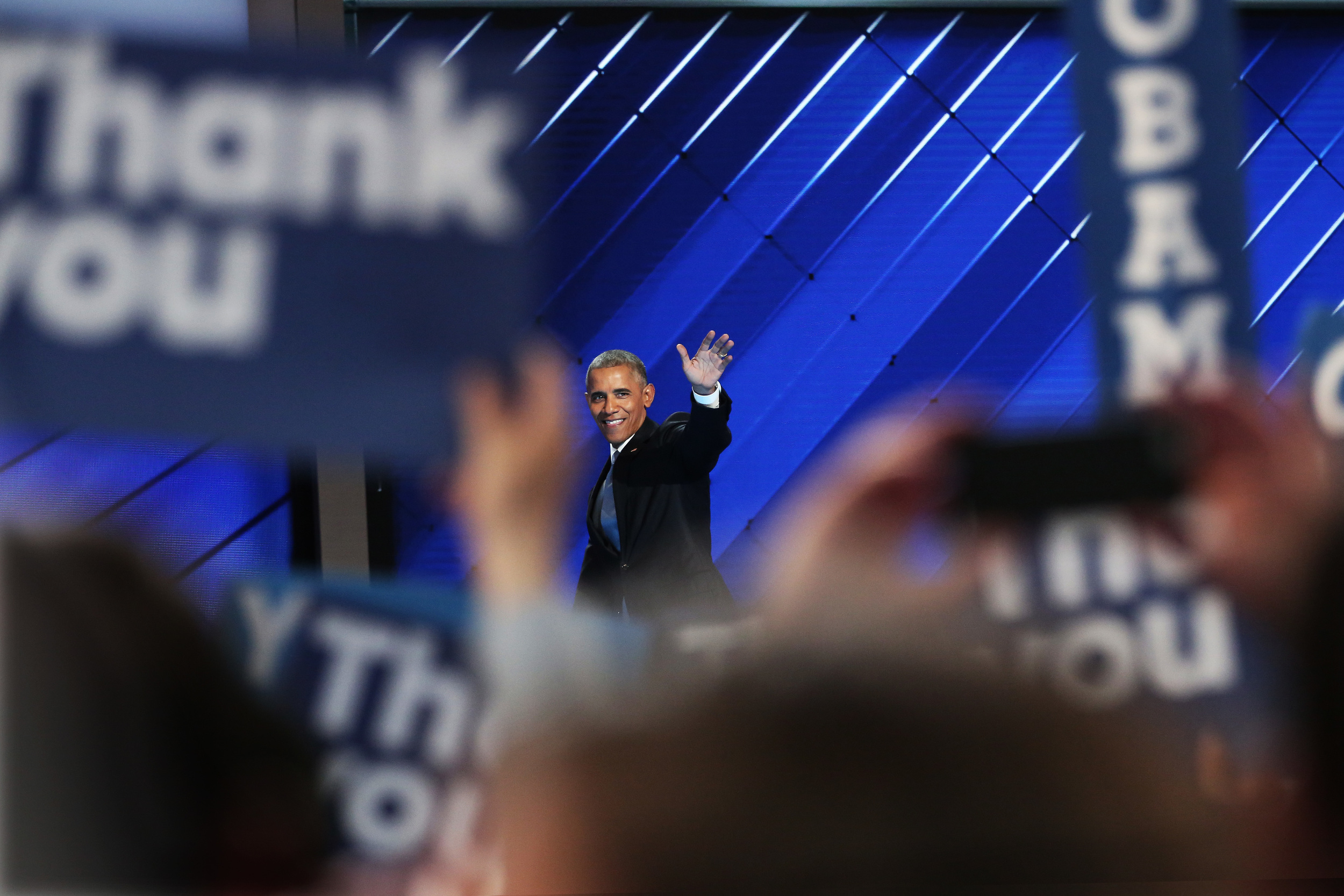  In a speech on the third night of the Democratic National Convention in Philadelphia,&nbsp;President Barack Obama symbolically passes the leadership of the Democratic party on to Hillary Clinton. 