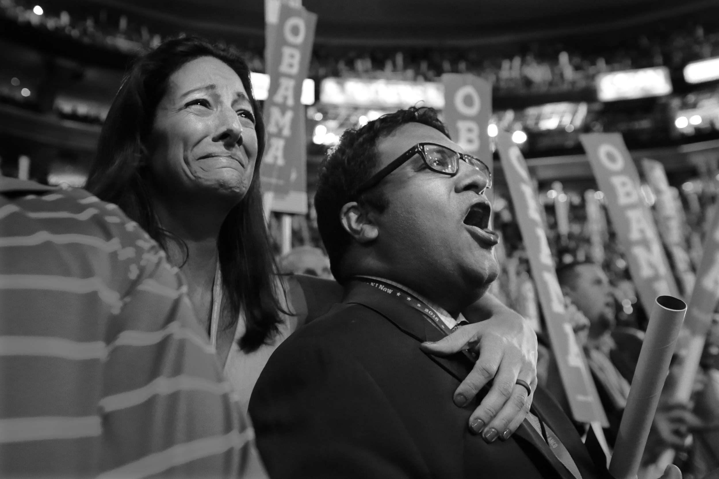  Delegates at the 2016 Democratic National Convention in Philadelphia cheer as President Barack Obama walks onto stage. 
