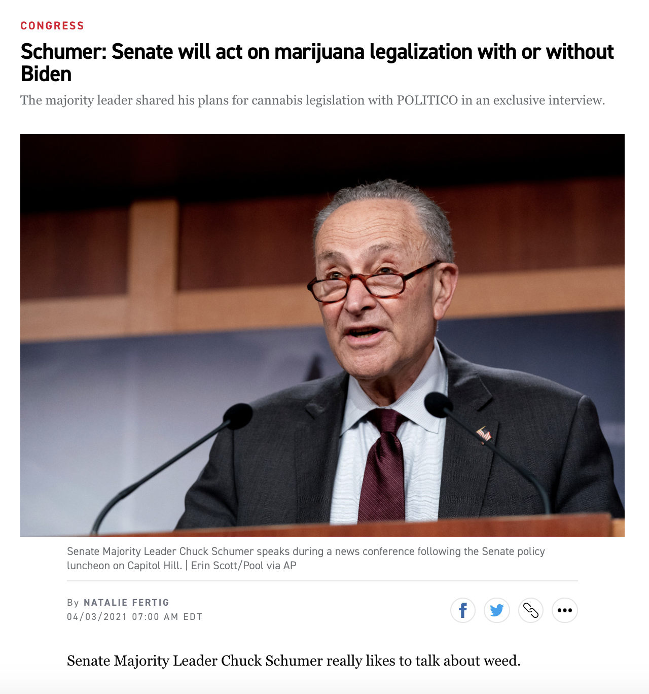 Schumer: Senate will act on marijuana legalization with or without Biden