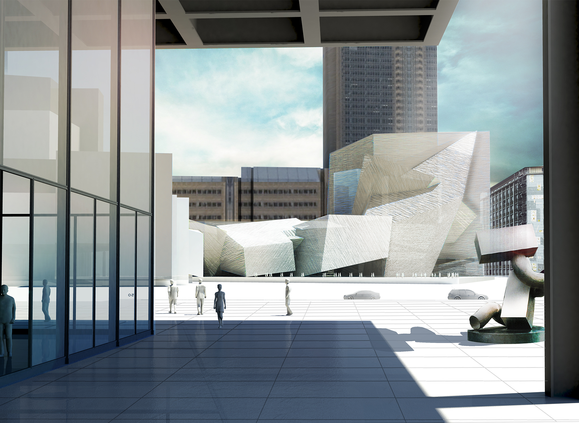 exterior render view from mies' nationalgalerie