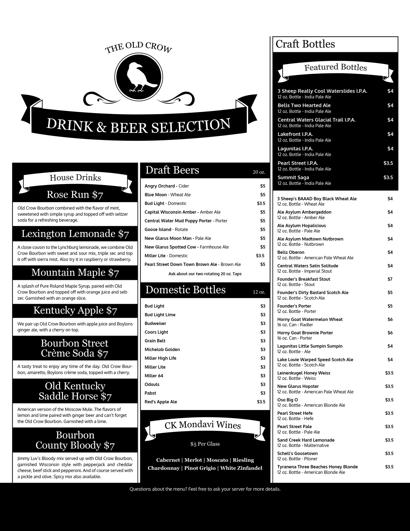 Old Crow Drink Menu