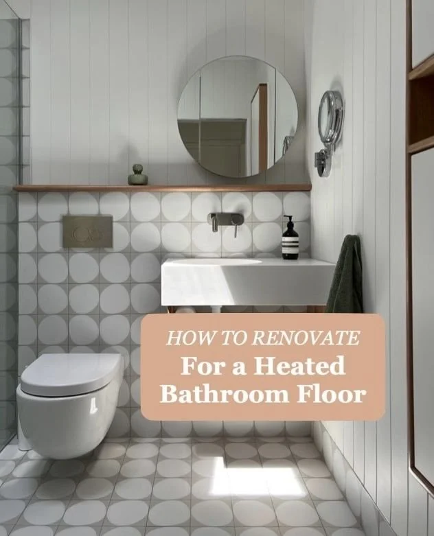 I&rsquo;m loving the winter luxury of a heated floor and planned my entire bathroom renovation around making sure it happened! ⁠
Here&rsquo;s how it evolves, from using the fast-drying @bondall.au waterproofing system to installing a @dunloptradeau h