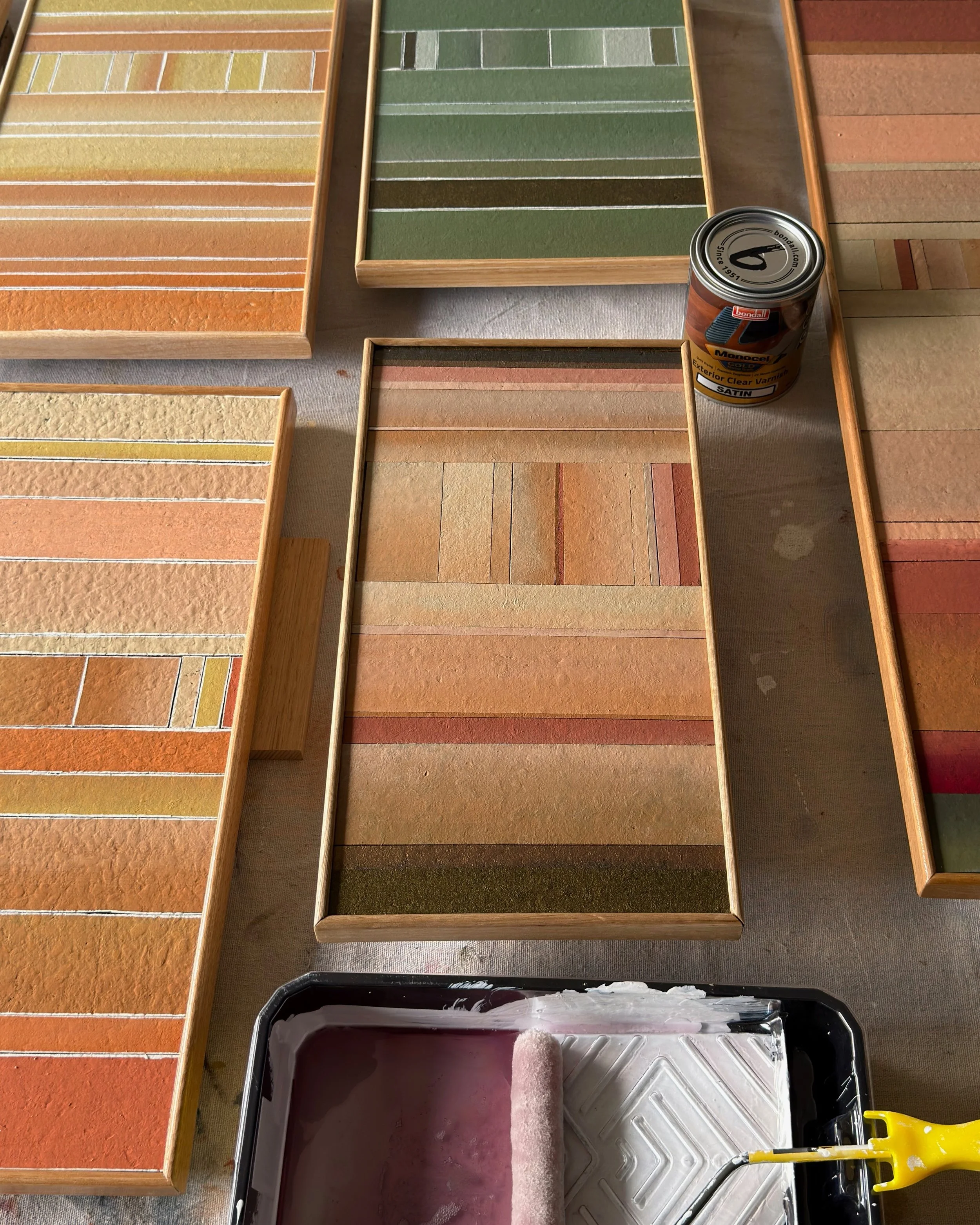 I&rsquo;m obsessed with painting cork tiles and turned my DIY experiments into artwork by framing them with shelf lipping. Then I sealed using marine varnish that enhances the colour and protects the surface the same way it does for timber. The end r