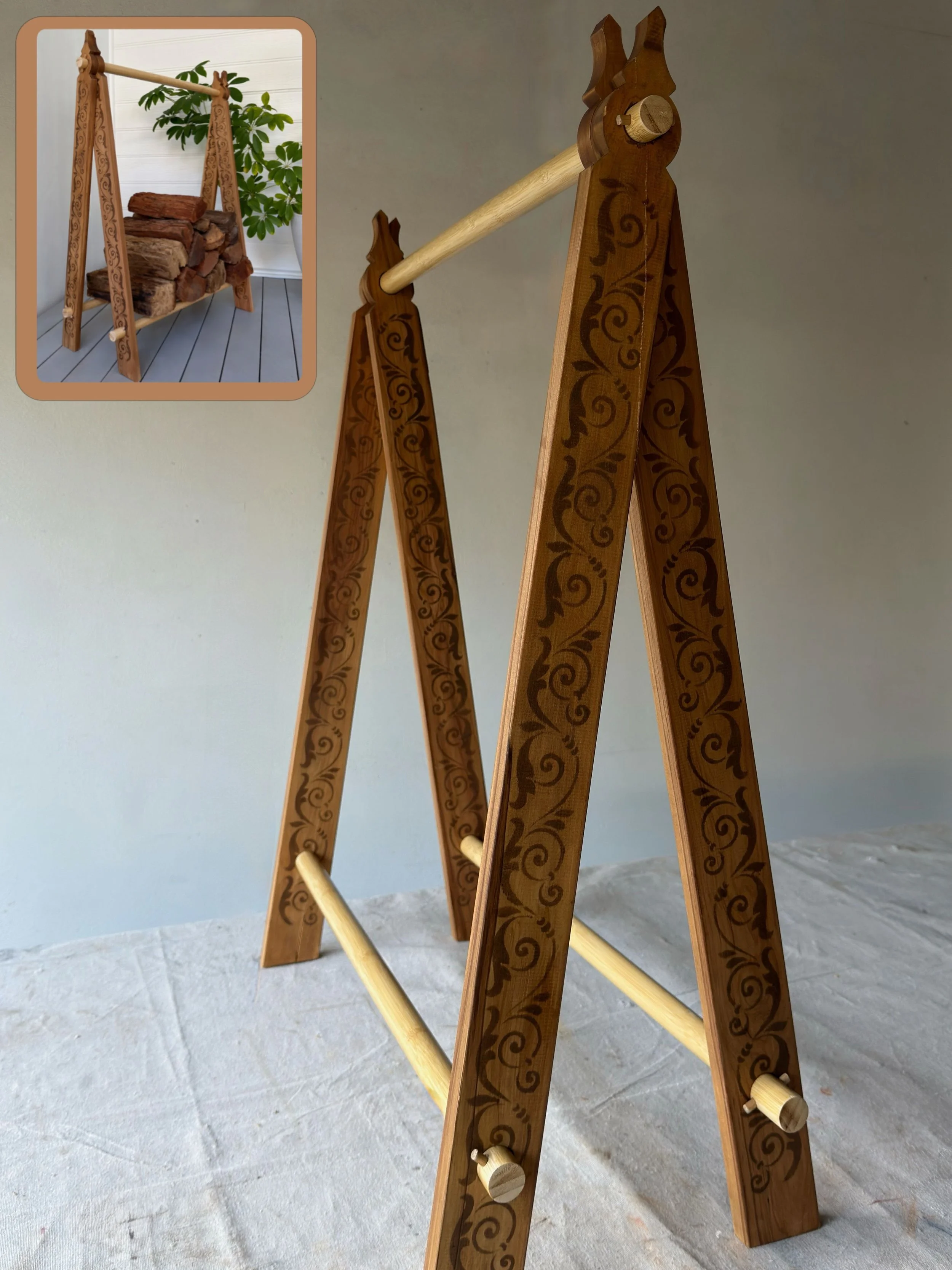 I made a firewood rack using $4 fence pickets. After stencilling the pattern using wipe-on gel stain I finished with a slightly tinted protective sealer. It&rsquo;s giving Nordic vibes.⁠
👉🏼 Click through my link in bio to see another upcycled fence