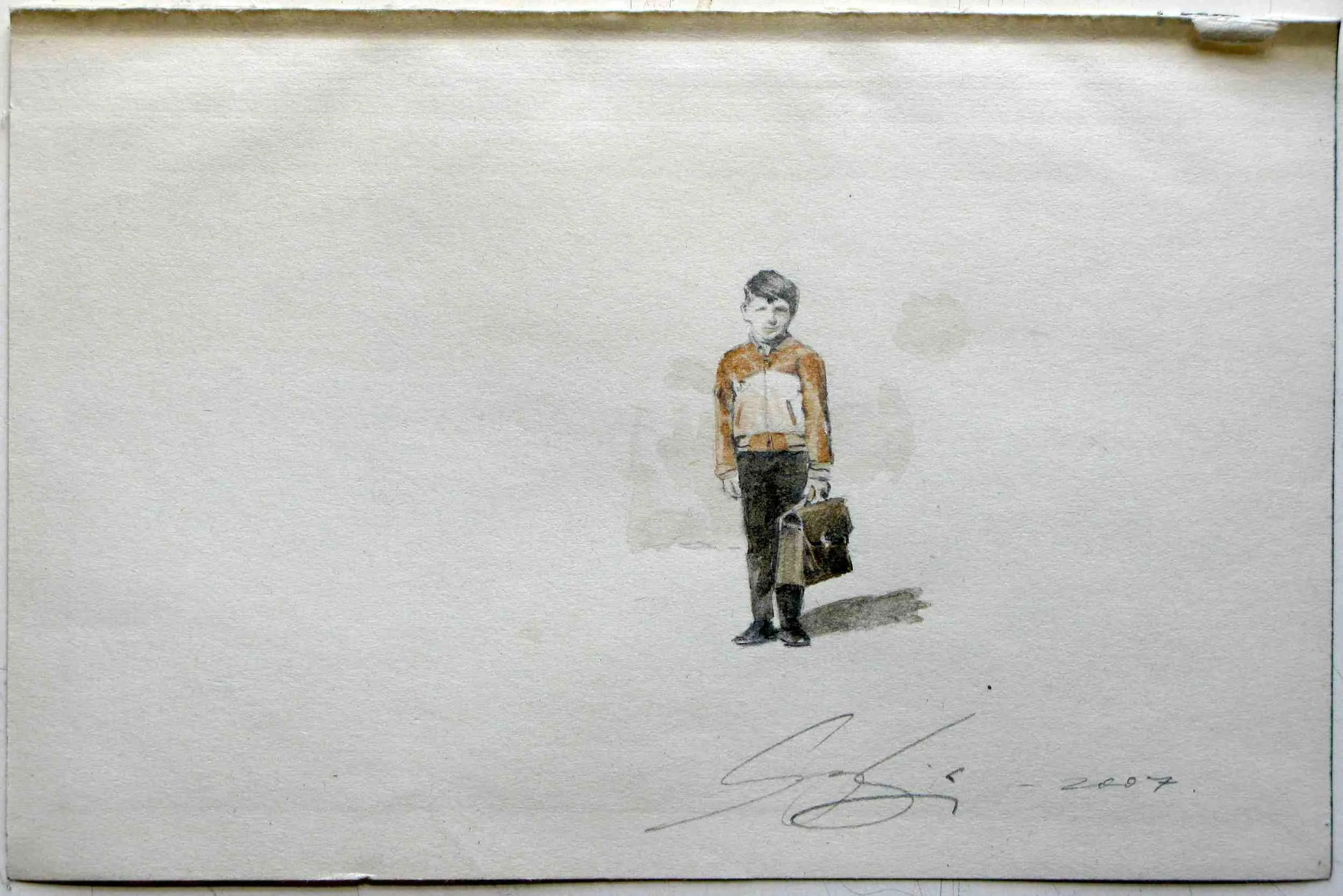 "The Satchel (Russian Boy)." Watercolour & graphite on found paper, 130 x 200mm, 2007.