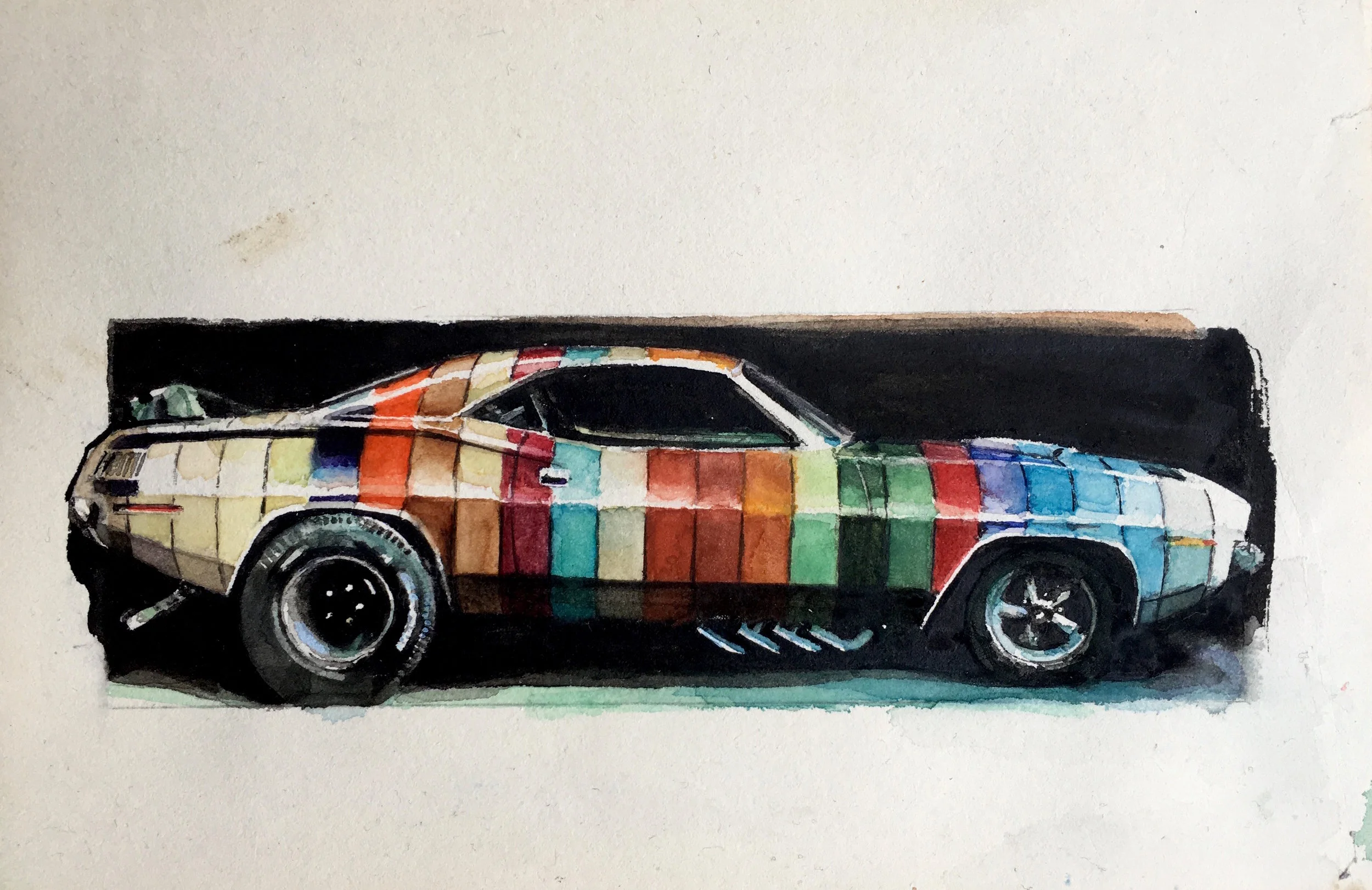 'Mad Men (1970 Barracuda)', watercolour on found paper, 120 x 182mm, 2018.