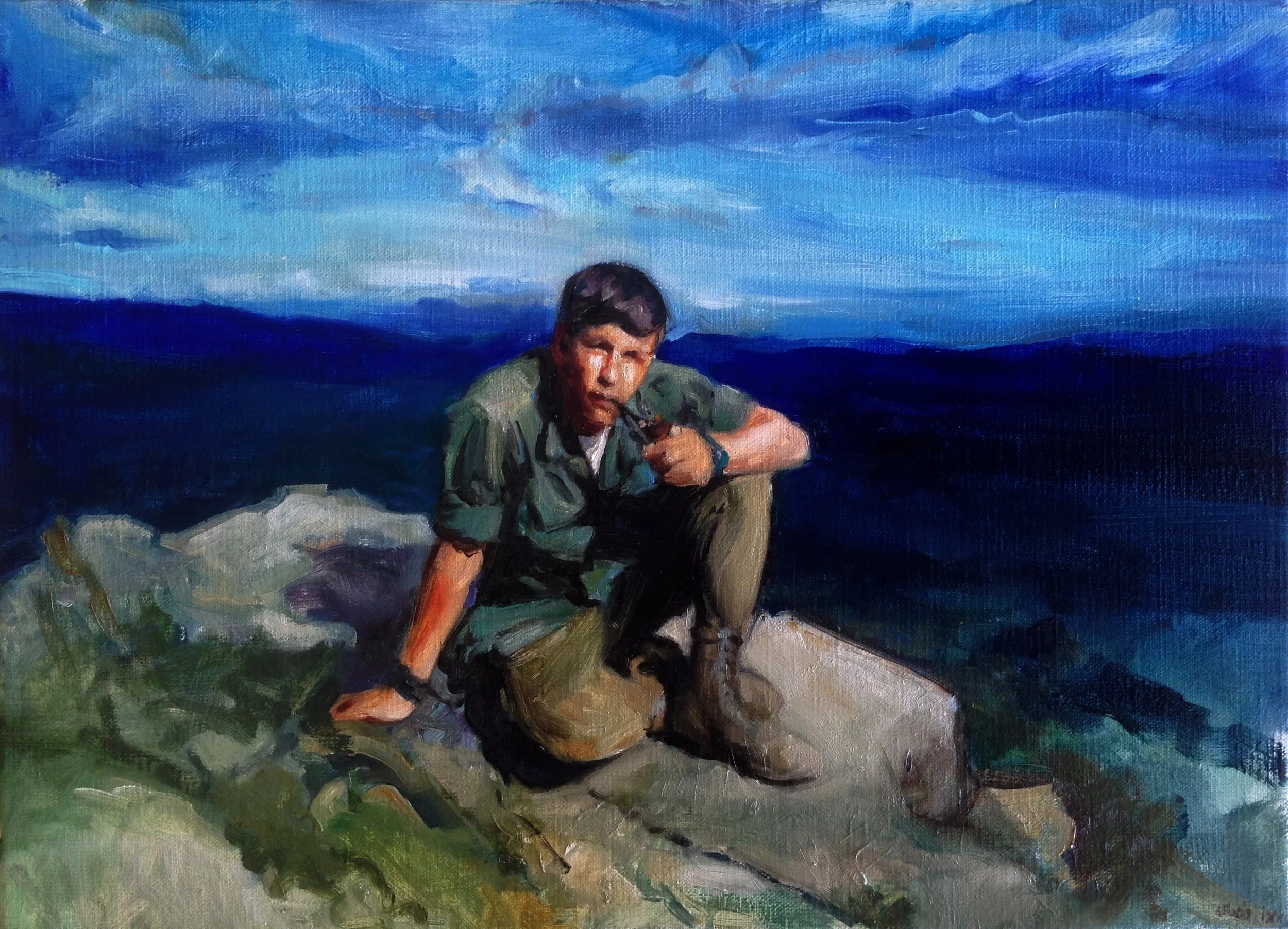 "Man w/ Pipe, ca. 1970", Oil on canvas, 400 x 550mm, 2019.