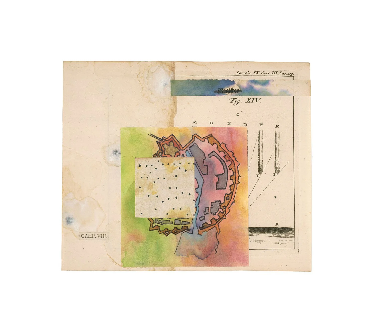   CAHP. VIII  2025, Ink, watercolor, collage on antiquarian  book fold-out paper 7.375 x 6.25” 