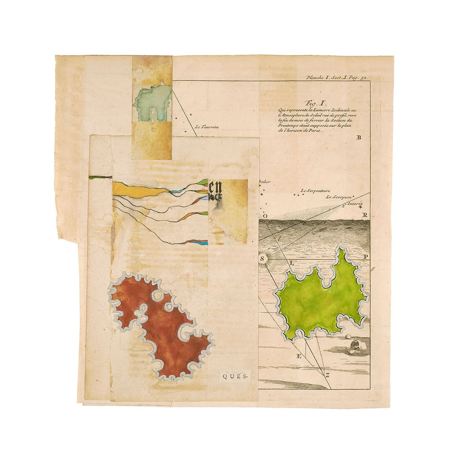   Horoscope  2025, Ink, watercolor,  collage on antiquarian  book fold-out paper 9.5 x 9.875” 