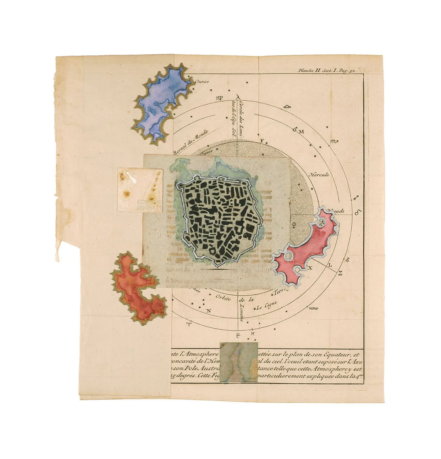   l’ Atmosphere  2025, Ink, watercolor,  collage on antiquarian  book fold-out paper 9.375 x 9.875” 