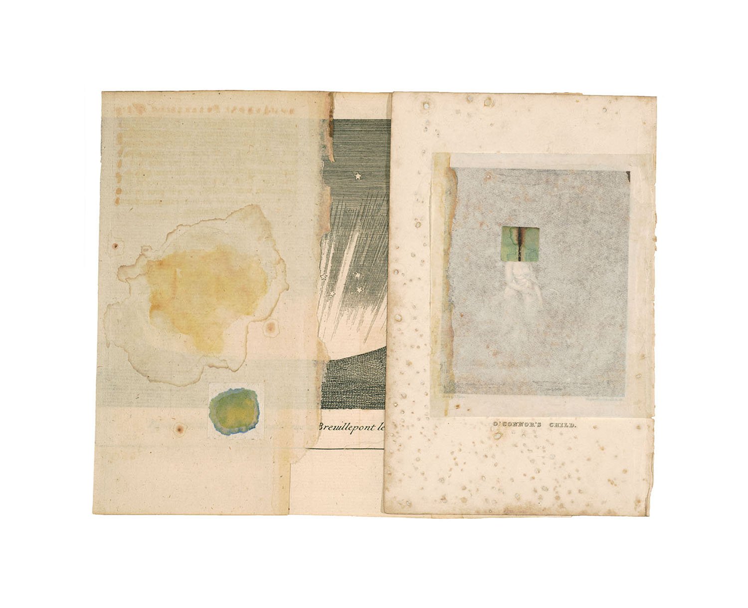   O’Connor’s child  2025, Ink, watercolor,  collage on antiquarian  book fold-out paper 8.25 x 6.25” 