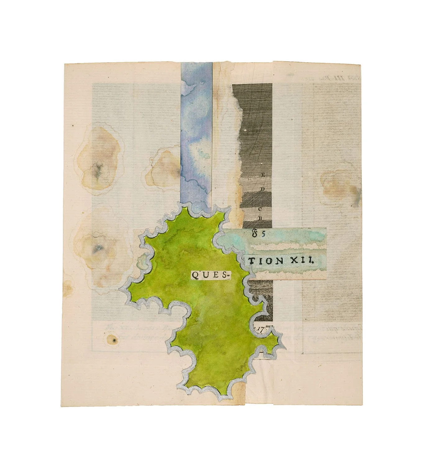   Question XII.  2025, Ink, watercolor,  collage on antiquarian  book fold-out paper 5.5 x 6.25” 