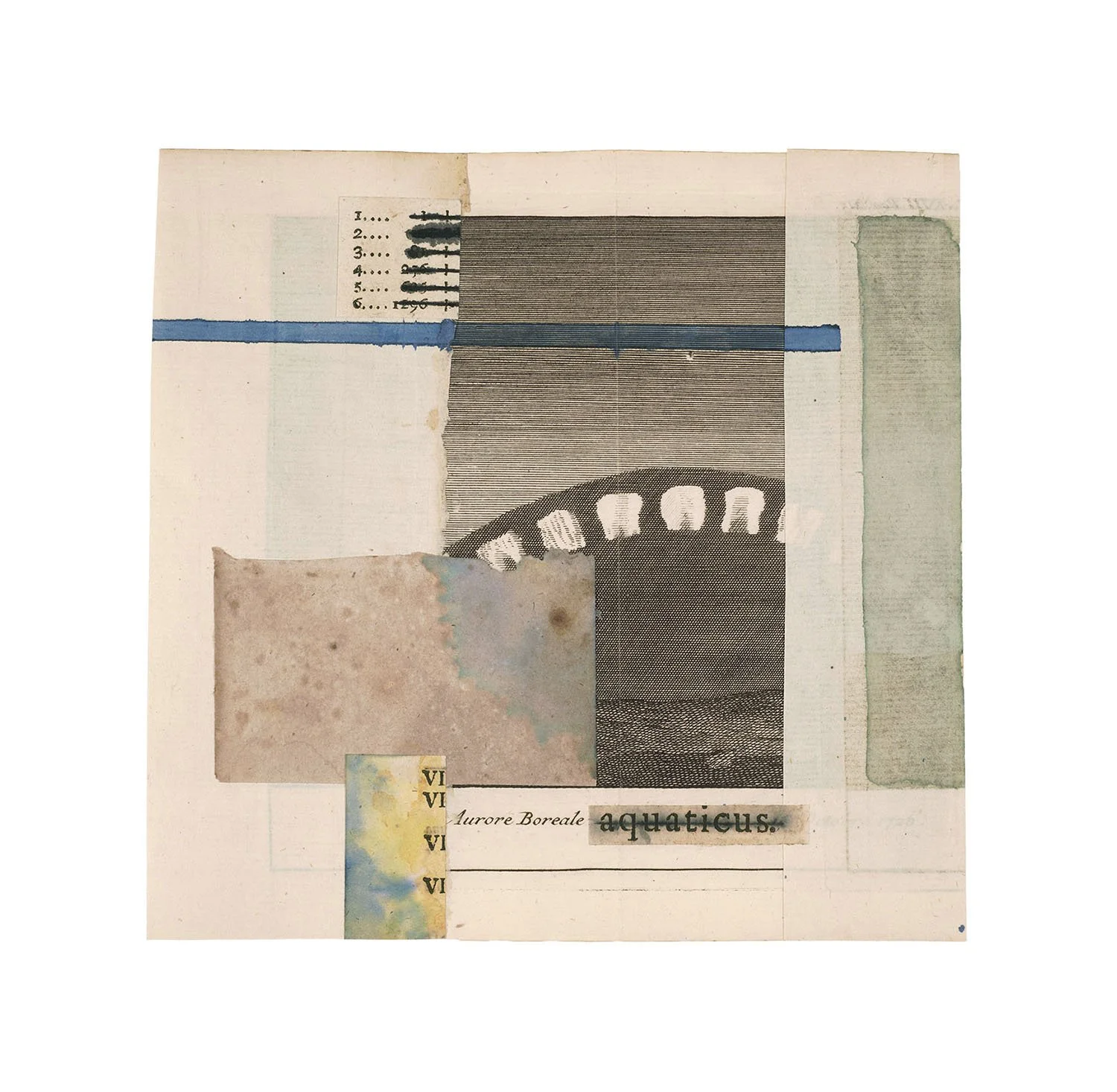   VI, VI, VI, VI  2025, Ink, watercolor,  collage on antiquarian  book fold-out paper 6.375 x 6.25” 